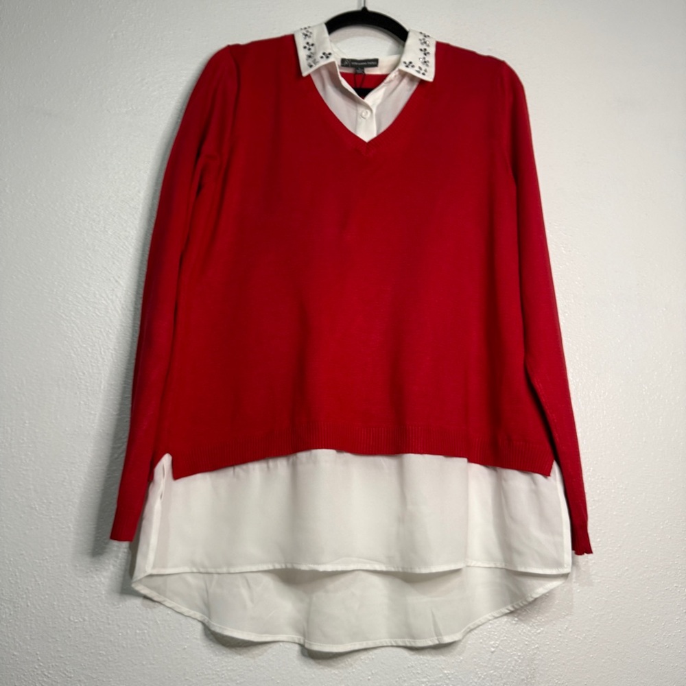 Adrianna Papell Red V-Neck Layered Sweater with White Shirt Detail - Picture 4 of 9